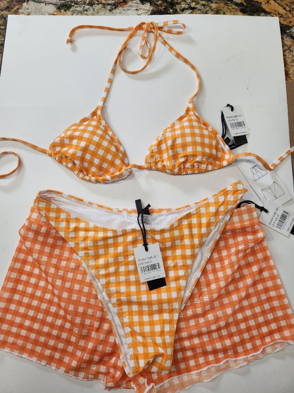 NWT Kendall + Kylie Three Piece Orange/White Gingham Bikini Set Size Large